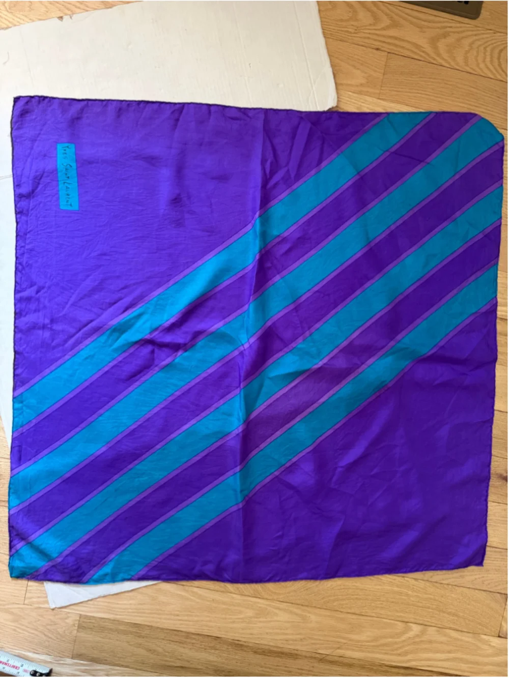 Vintage Yves Saint Laurent Purple Teal Striped Silk Scarf 34” x 33”